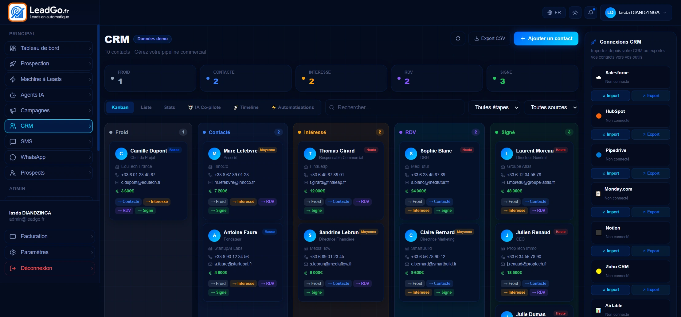 Interface de gestion des leads et du CRM LeadGo